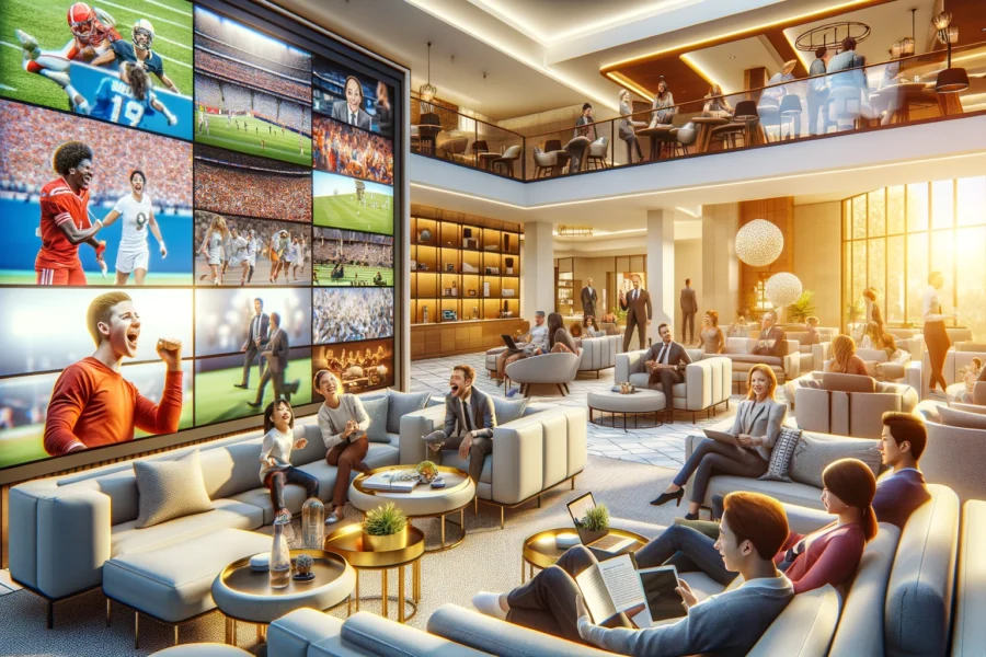 Modern, bright hotel with guests enjoying sports on a screen, educational program on a tablet, and lecture on a laptop.