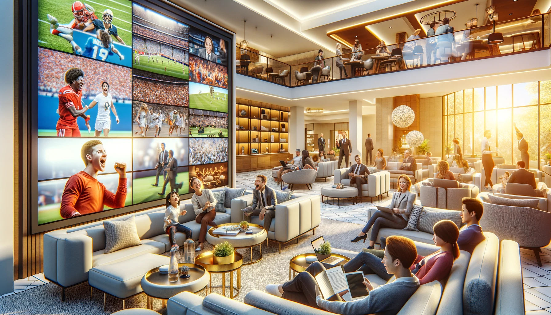 Modern, bright hotel with guests enjoying sports on a screen, educational program on a tablet, and lecture on a laptop.