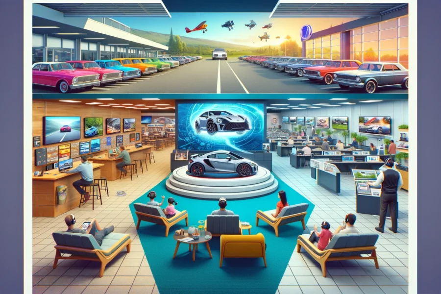 Transformation of a car dealership: Traditional showroom, integration of entertainment features, and a modern dealership with VR and AR technology.