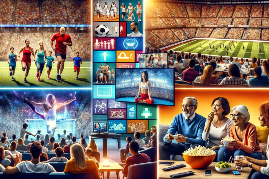 Collage showcasing Exclusive Entertainment's diversity: sports in a stadium, home workout, office seminar, and family watching a movie.