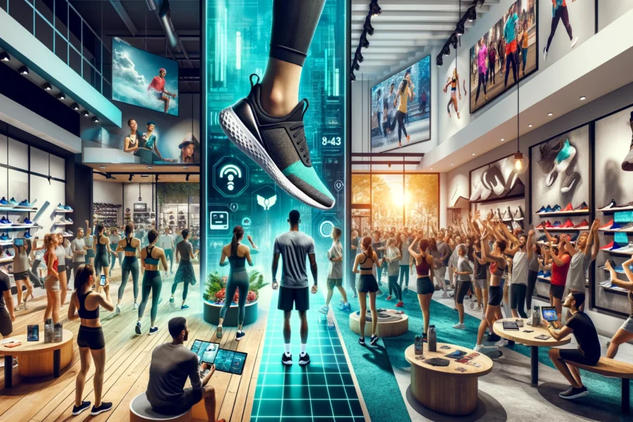 Split image of a sports retail store with AR technology and interactive displays on the left, and a lively community fitness class and product launch event on the right.