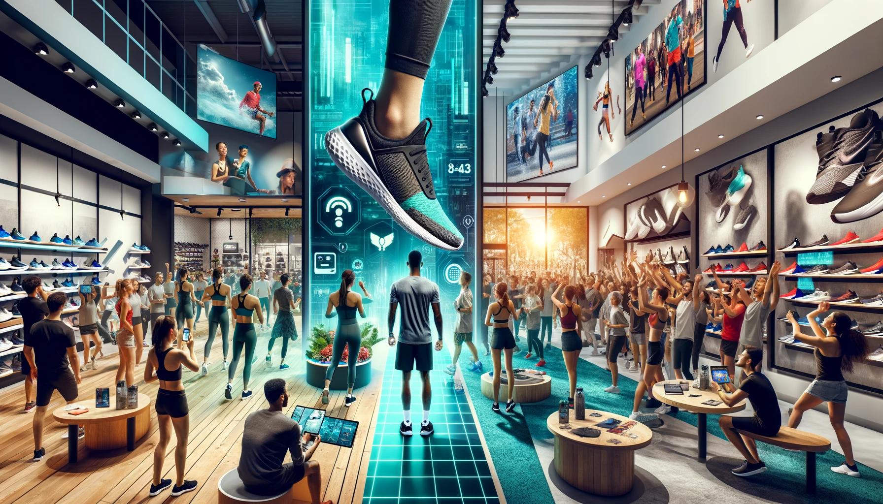 Split image of a sports retail store with AR technology and interactive displays on the left, and a lively community fitness class and product launch event on the right.