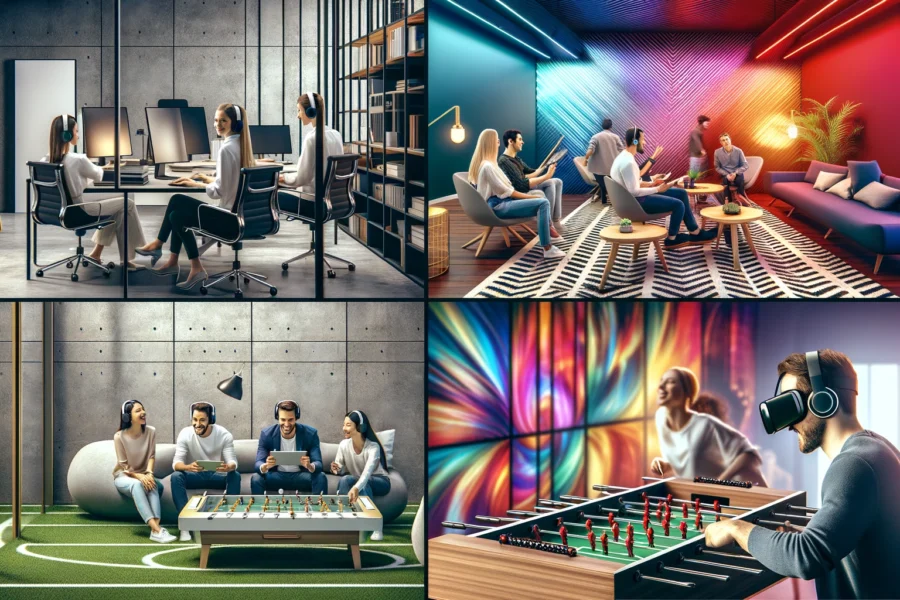 Modern office with employees working, game room with foosball table, abstract art installation, and collage of VR headset, AR tablet experience, and music player.