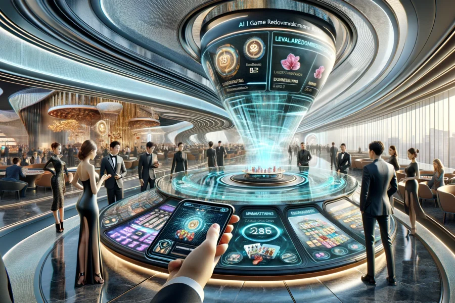 A futuristic casino floor with sleek architecture and holographic displays on the left, and a hand holding an AI-powered device with personalized recommendations on the right.