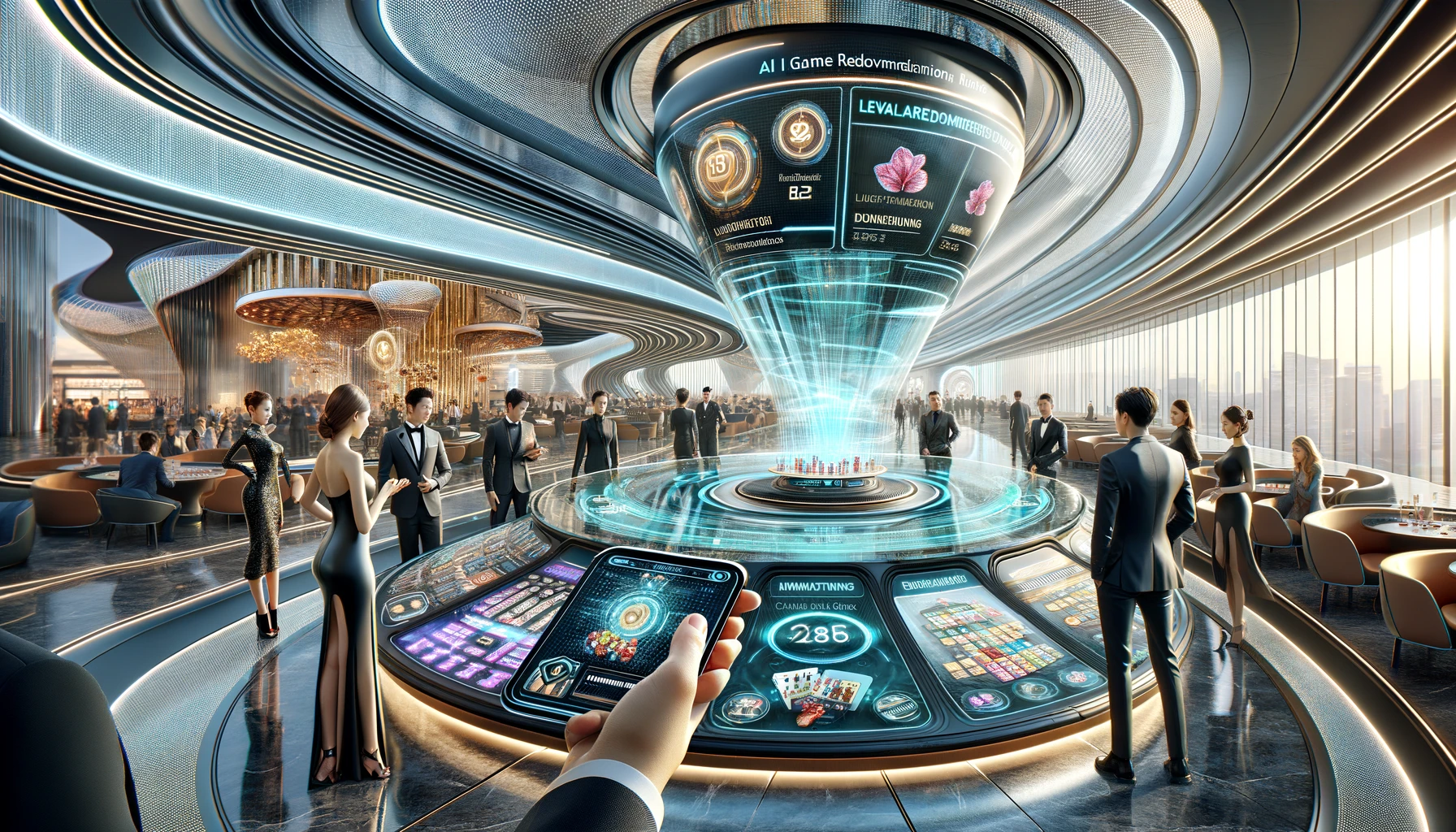 A futuristic casino floor with sleek architecture and holographic displays on the left, and a hand holding an AI-powered device with personalized recommendations on the right.