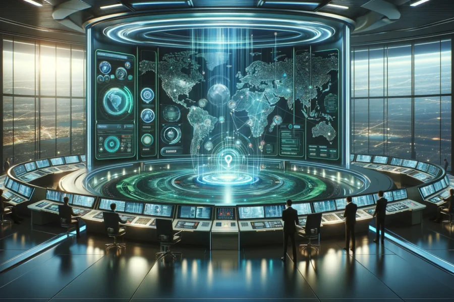 Futuristic command center with operators using holographic interfaces and a large digital display showing global entertainment management.