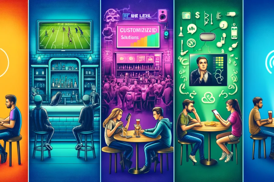 Image showing entertainment evolution in hospitality, from a dull bar to an interactive restaurant and a futuristic hotel with VR experiences.