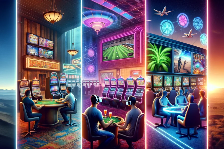 Image transitions from a traditional casino setting to a vibrant modern floor with esports, and a futuristic VR gaming environment.