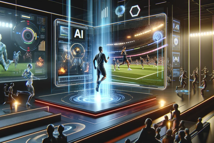 A futuristic scene with a holographic display showing athletes training, surrounded by AI elements providing real-time feedback and interactive charts, illustrating advanced commercial video content.