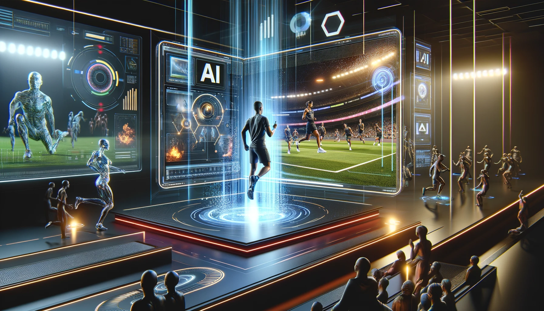 A futuristic scene with a holographic display showing athletes training, surrounded by AI elements providing real-time feedback and interactive charts, illustrating advanced commercial video content.