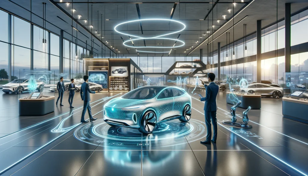 A futuristic car dealership showroom with a holographic car display, people interacting with AI features, sleek design, glowing lights, and a bright, airy space with a view of a futuristic cityscape.