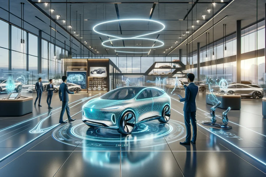 A futuristic car dealership showroom with a holographic car display, people interacting with AI features, sleek design, glowing lights, and a bright, airy space with a view of a futuristic cityscape.