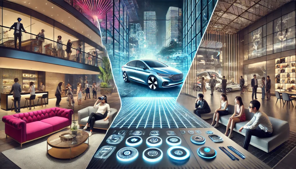 A split image of a hotel lobby with holographic displays and a futuristic car showroom with a customer using AR glasses. A metallic control panel with holographic buttons is in the foreground.
