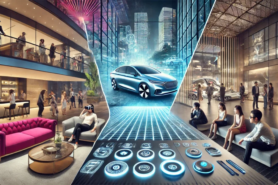 A split image of a hotel lobby with holographic displays and a futuristic car showroom with a customer using AR glasses. A metallic control panel with holographic buttons is in the foreground.