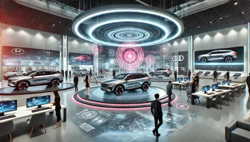 A futuristic car dealership showroom with advanced technology, interactive kiosks, augmented reality features, and virtual reality test drives, highlighting customer engagement and satisfaction.