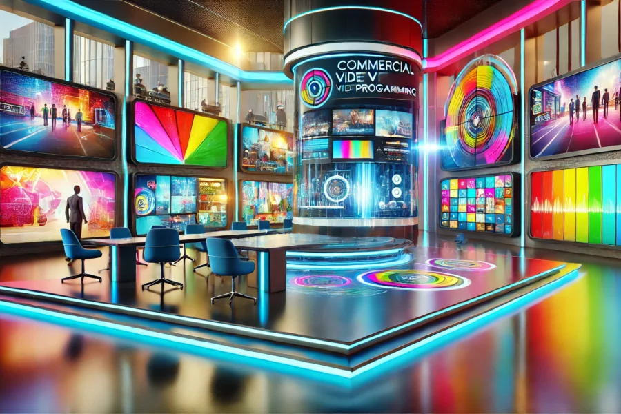 A colorful futuristic business setting with high-tech displays showing vibrant, engaging video content and interactive features, highlighting advanced technology and innovation in commercial video programming.