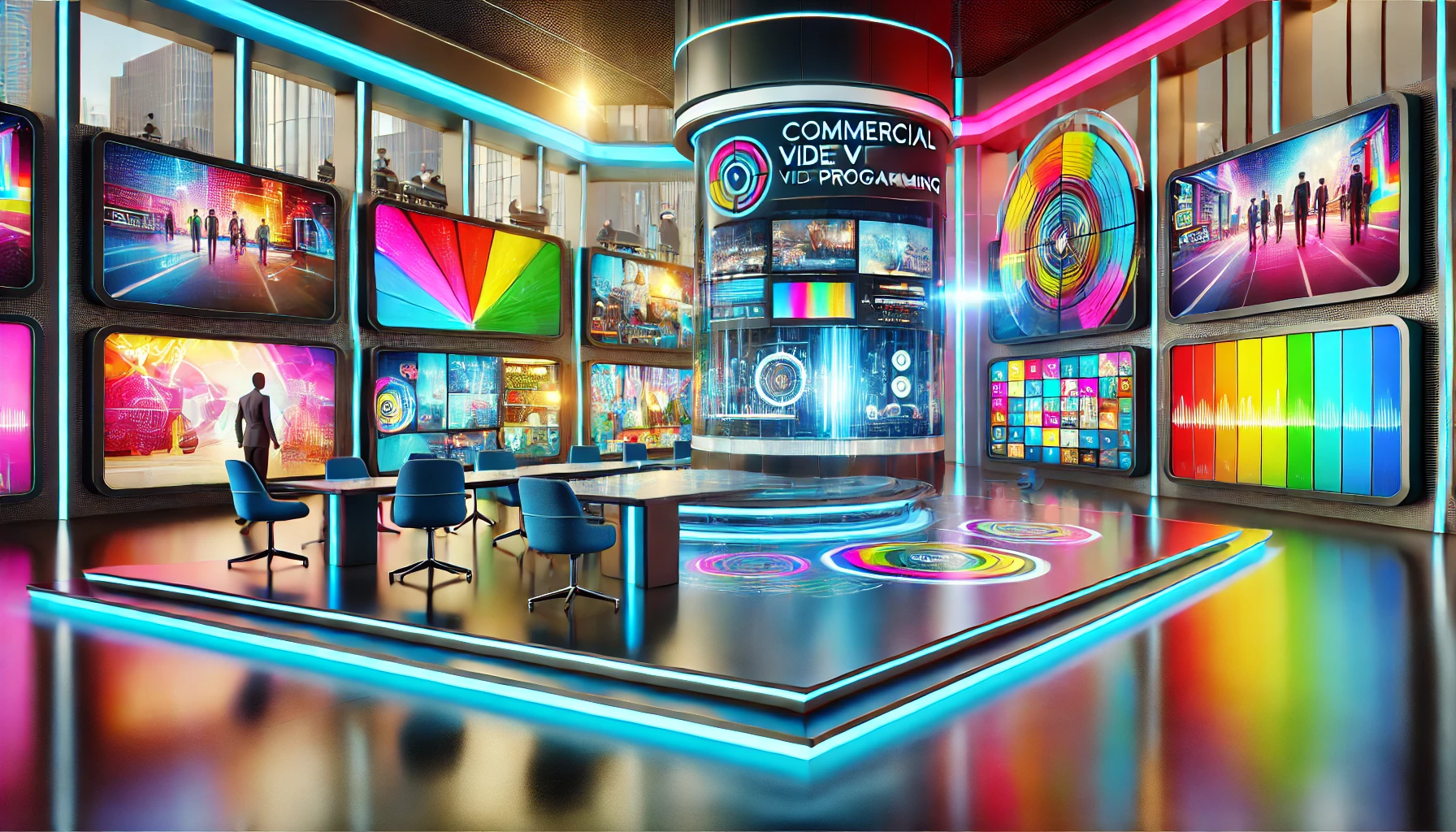 A colorful futuristic business setting with high-tech displays showing vibrant, engaging video content and interactive features, highlighting advanced technology and innovation in commercial video programming.