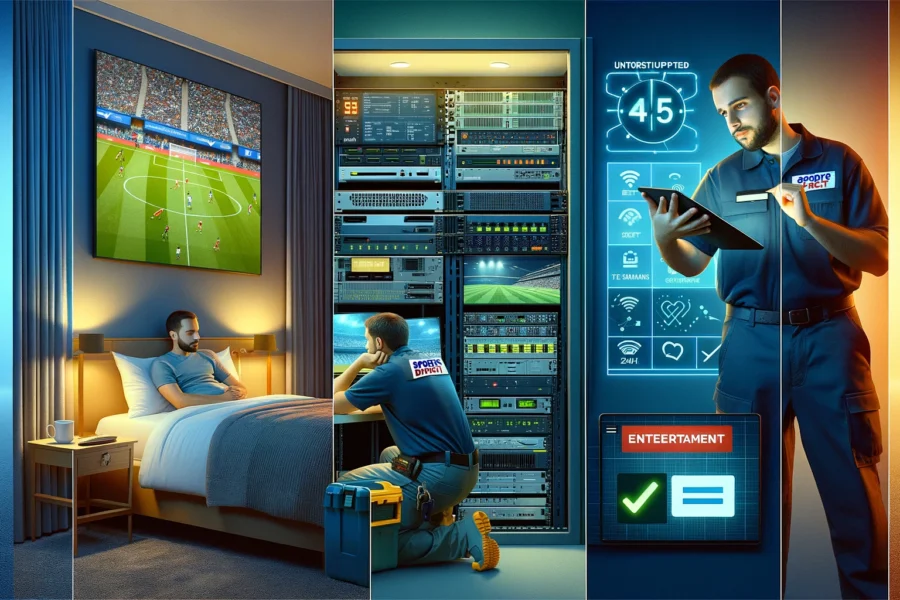 Hotel guest relaxing while watching sports on TV, Sports Direct technician inspecting IT equipment, and collage showcasing seamless streaming and 24/7 support.