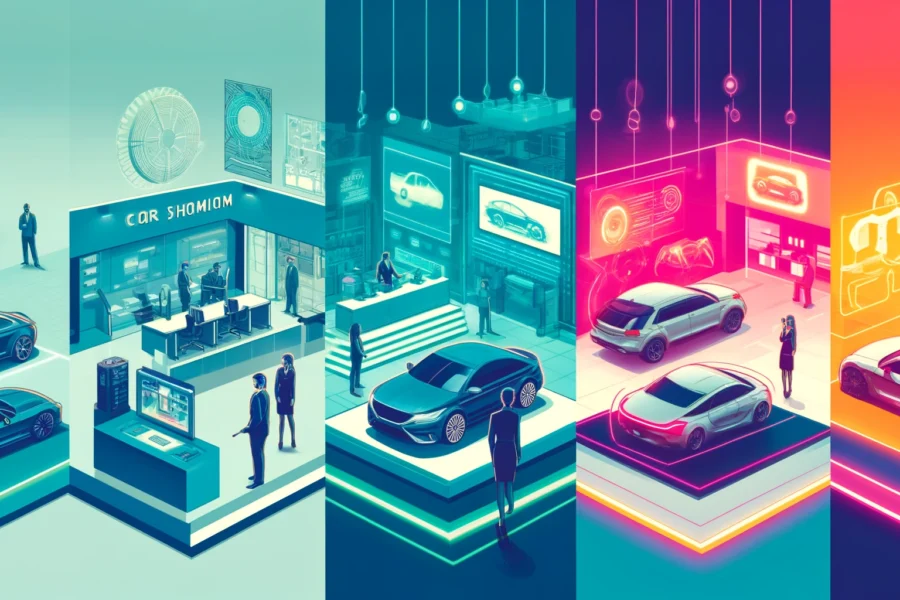 Evolution of car showrooms from traditional static displays to modern digital interactions and futuristic AR/VR experiences.