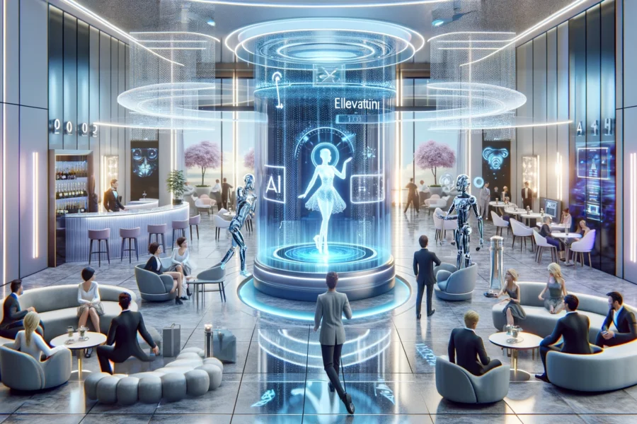 Futuristic hotel lobby with a holographic performer, stylish guests, sleek furniture, robotic waiters, and a digital concierge.