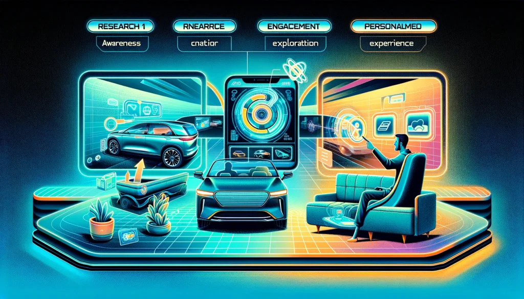 Futuristic image showing a car buying journey: a person on a couch with a holographic tablet, engaging with a virtual car, and on a video call.