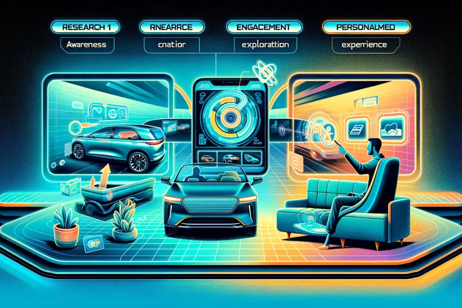 Futuristic image showing a car buying journey: a person on a couch with a holographic tablet, engaging with a virtual car, and on a video call.