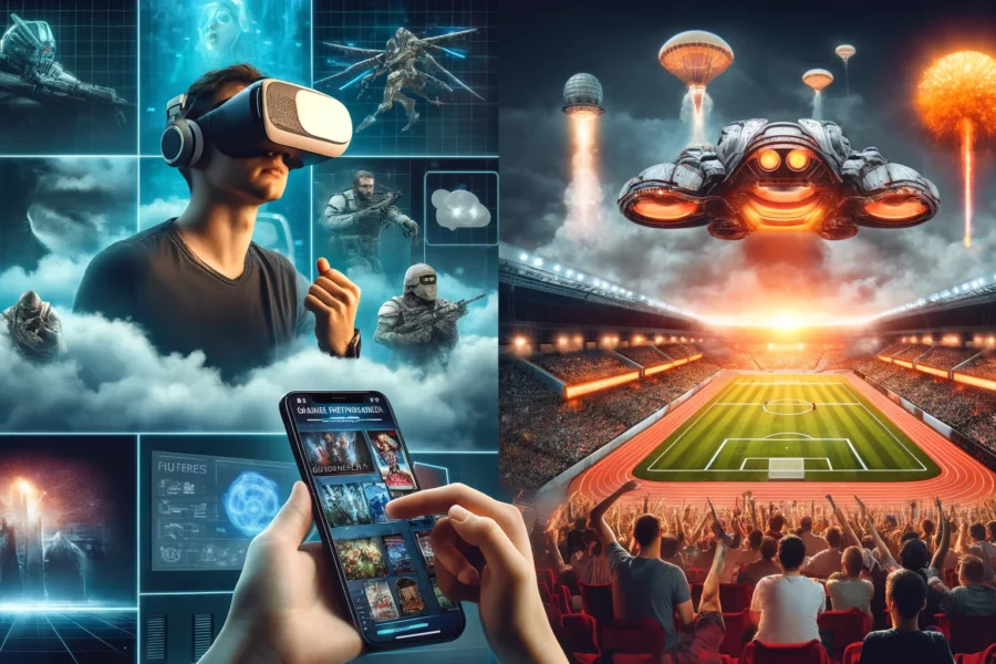 Collage: Top left shows a person in VR headset; top right, a phone with a cloud gaming platform; bottom left, an esports stadium; bottom right, traditional and futuristic gaming controllers.