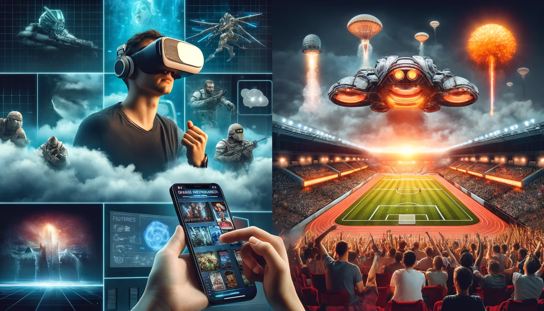 Collage: Top left shows a person in VR headset; top right, a phone with a cloud gaming platform; bottom left, an esports stadium; bottom right, traditional and futuristic gaming controllers.