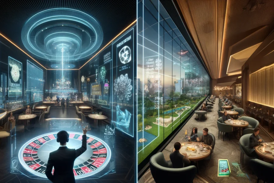 A futuristic casino with holographic displays and AR glasses on the left, and a luxurious, sustainable restaurant with a digital concierge and cityscape view on the right.