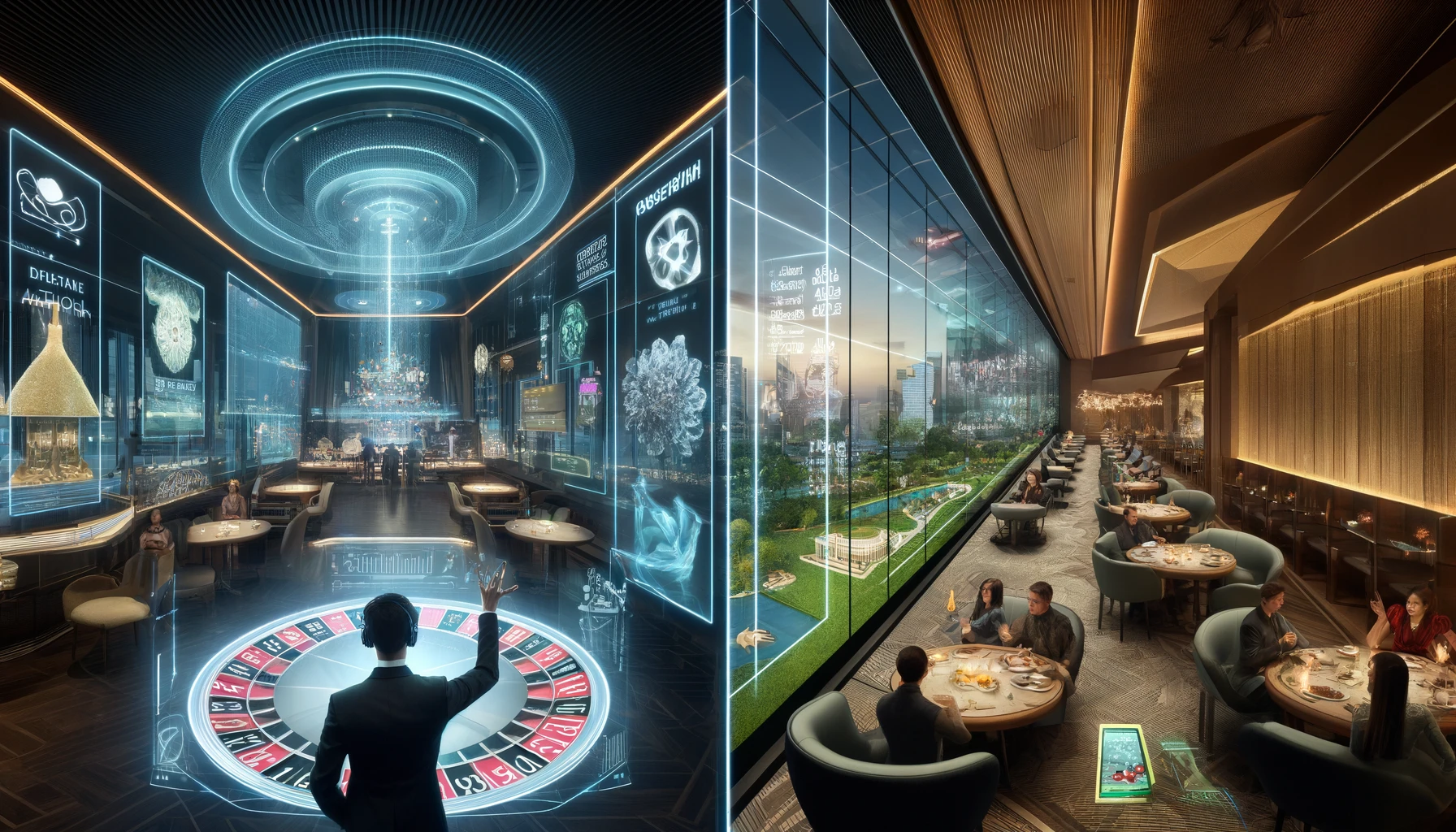 A futuristic casino with holographic displays and AR glasses on the left, and a luxurious, sustainable restaurant with a digital concierge and cityscape view on the right.