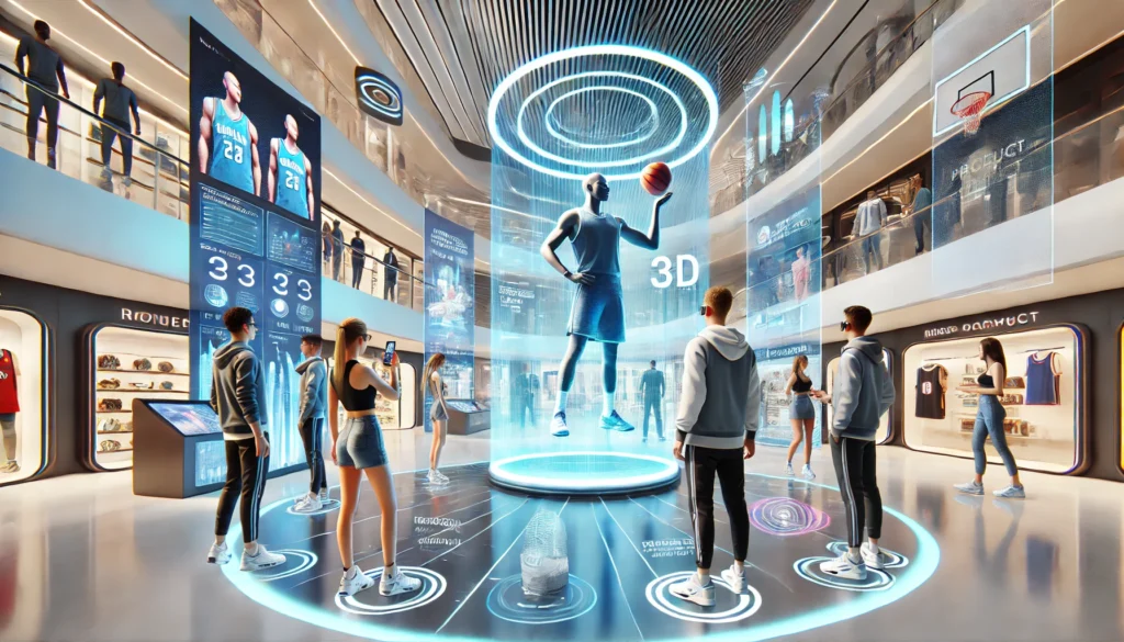 A futuristic shopping mall with curved walls and transparent displays. People interact with a holographic basketball player, personalized screens, and augmented reality on their phones.
