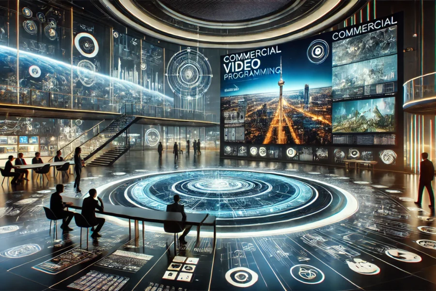 A futuristic setting with high-tech displays showcasing dynamic visual content, storytelling elements, and interactive features, highlighting the power of commercial video programming.