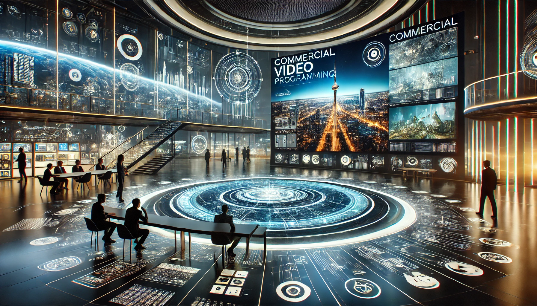 A futuristic setting with high-tech displays showcasing dynamic visual content, storytelling elements, and interactive features, highlighting the power of commercial video programming.