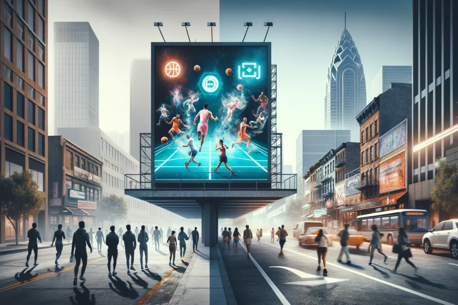 A split image showing traditional vs. innovative in-premise entertainment promotion: a static billboard on the left and a futuristic holographic display with AR interactions on the right.