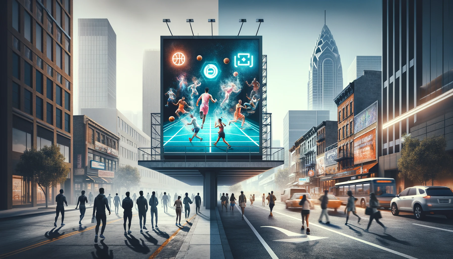 A split image showing traditional vs. innovative in-premise entertainment promotion: a static billboard on the left and a futuristic holographic display with AR interactions on the right.