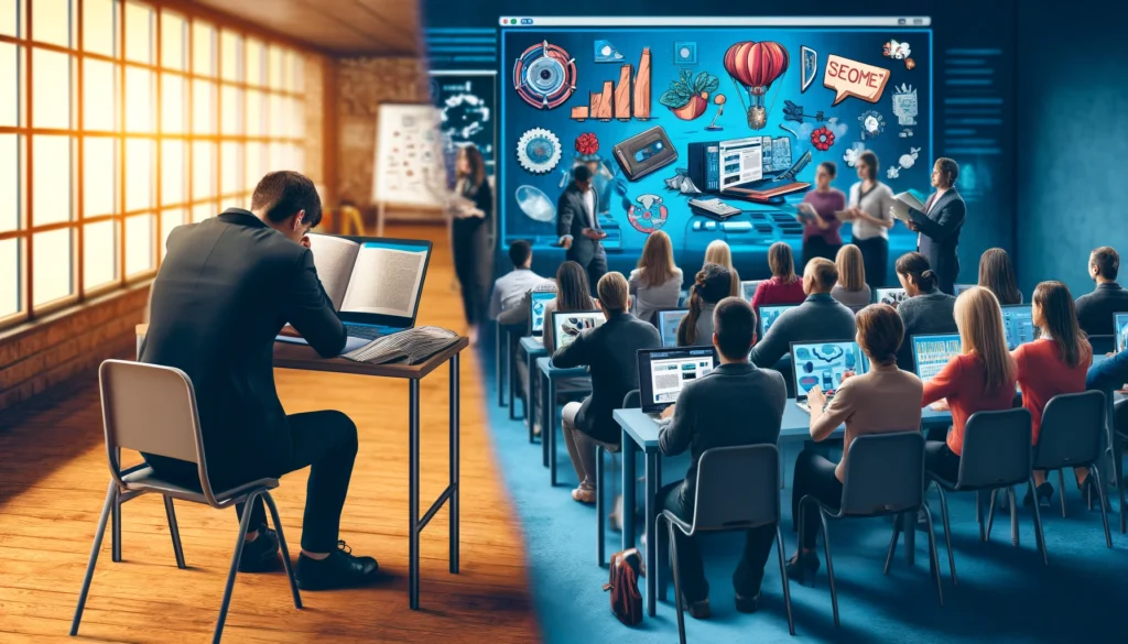 Split-screen image: left side shows a bored employee with a paper training manual in a classroom; right side depicts engaged, diverse employees watching an interactive video training session.