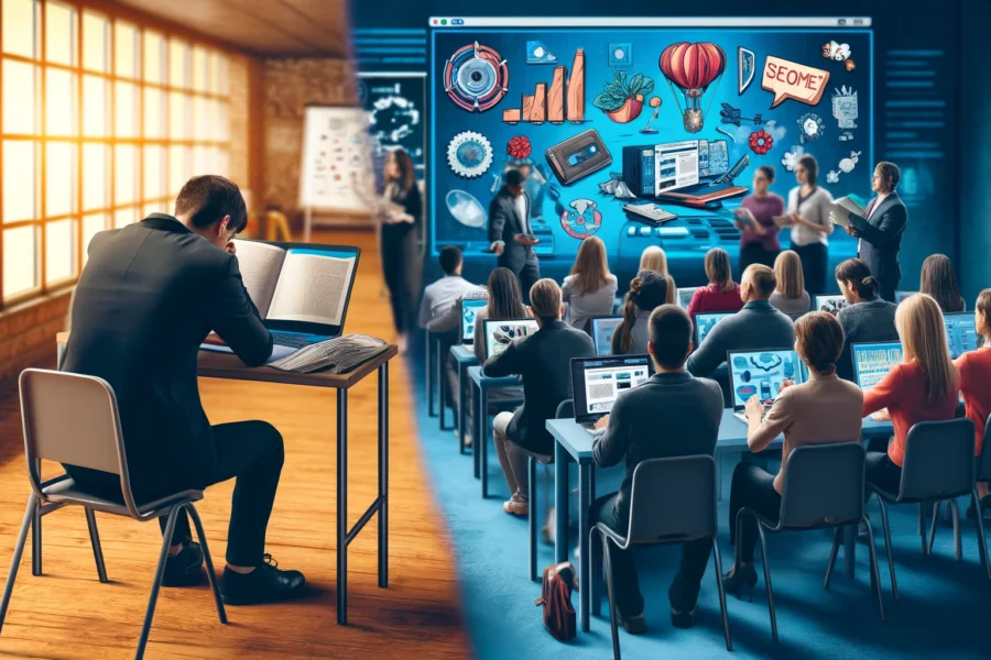 Split-screen image: left side shows a bored employee with a paper training manual in a classroom; right side depicts engaged, diverse employees watching an interactive video training session.