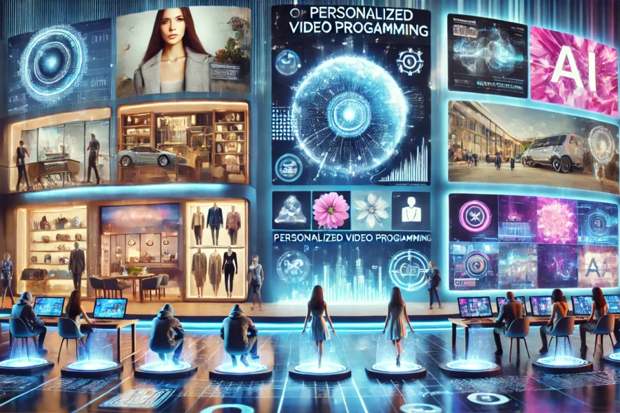 Futuristic scene showing personalized video programming in retail, healthcare, and education with AI-driven technology, interactive screens, and holographic displays.