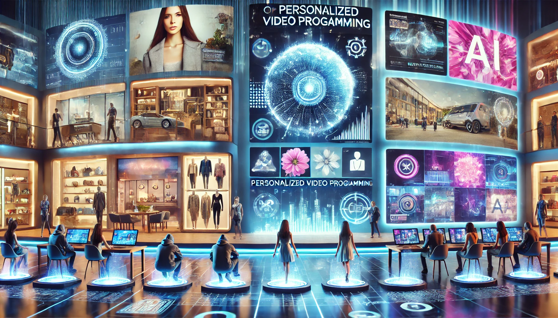 Futuristic scene showing personalized video programming in retail, healthcare, and education with AI-driven technology, interactive screens, and holographic displays.