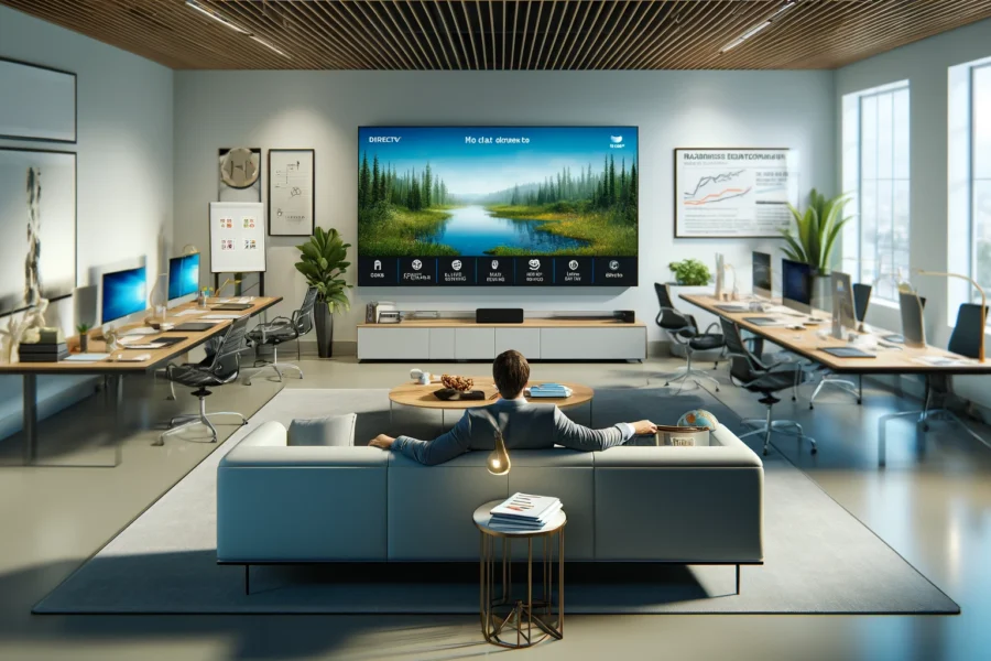 Modern private office with comfortable seating and workstations. A wall-mounted TV shows a nature documentary and business news. An office worker relaxes on the couch.