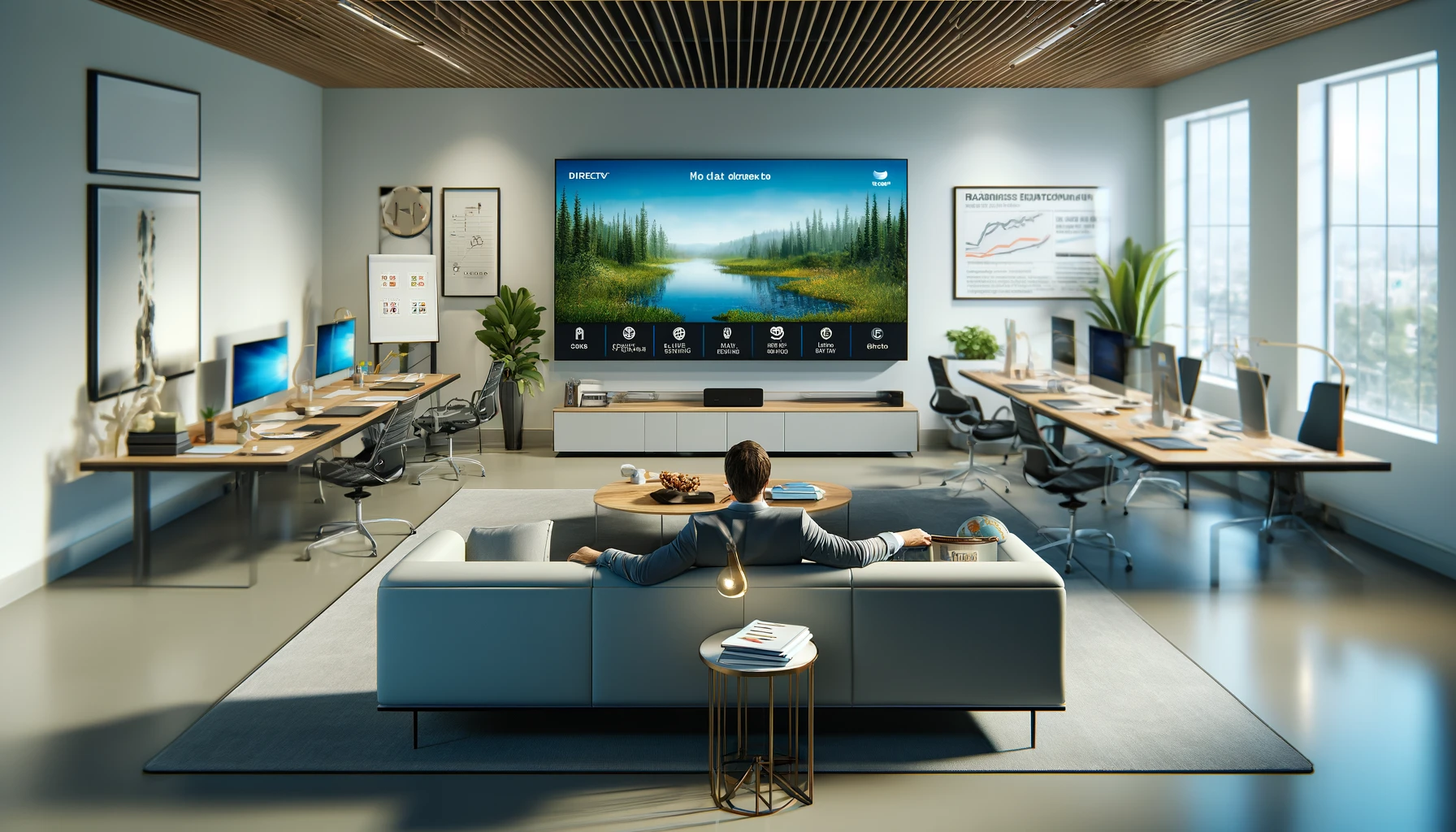 Modern private office with comfortable seating and workstations. A wall-mounted TV shows a nature documentary and business news. An office worker relaxes on the couch.