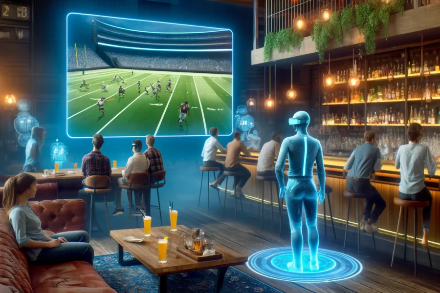 Modern bar with comfortable seating and stylish decor. A large flat-screen TV displays a live sporting event. Patrons with AR glasses are engaged, and an AI bartender uses a holographic interface.