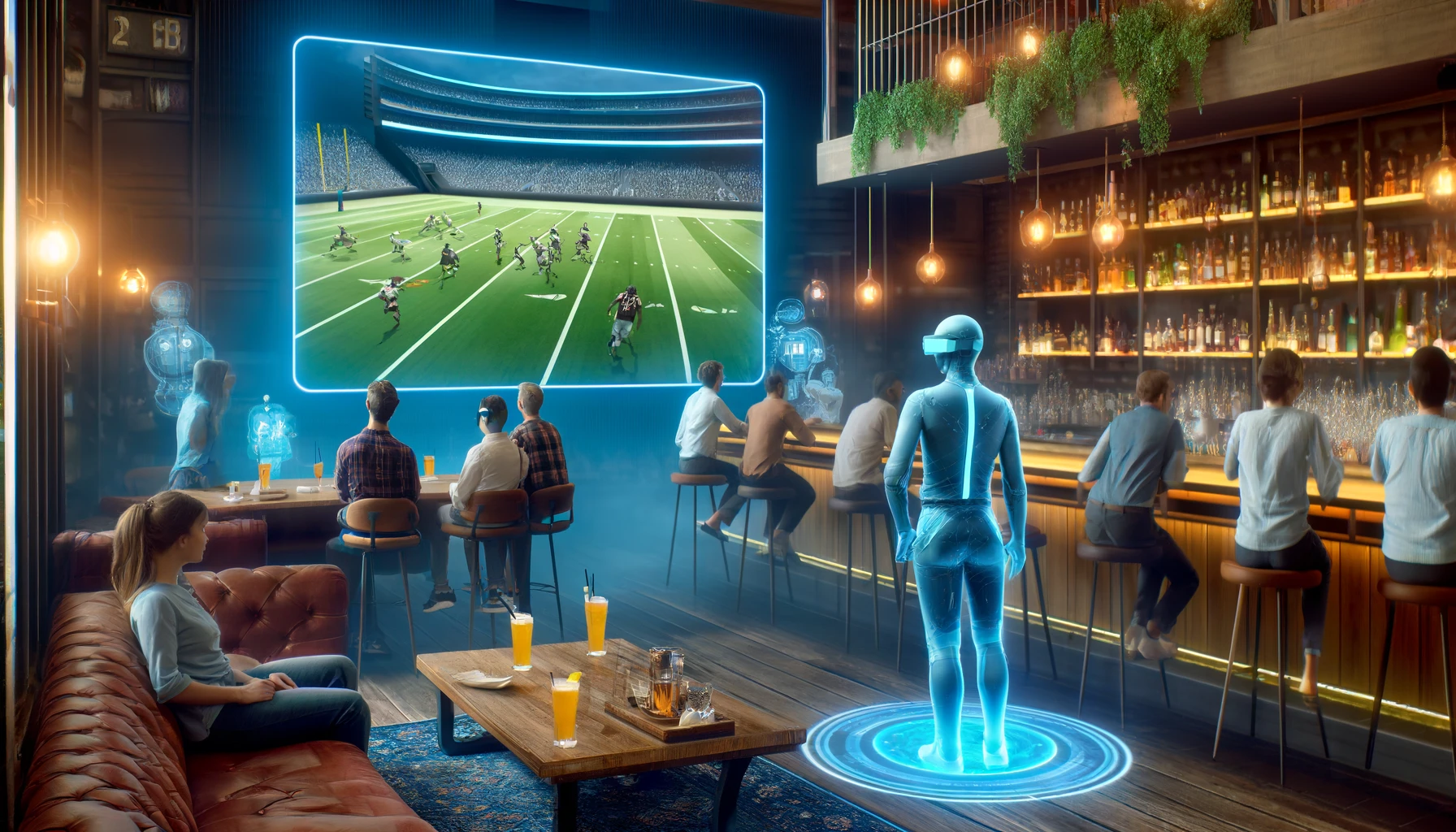 Modern bar with comfortable seating and stylish decor. A large flat-screen TV displays a live sporting event. Patrons with AR glasses are engaged, and an AI bartender uses a holographic interface.
