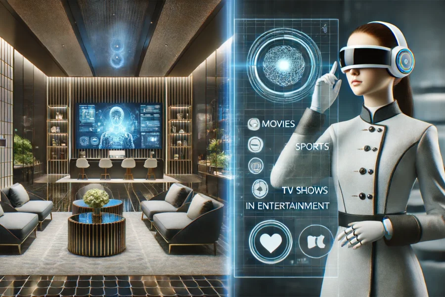 Split-screen image: Left side shows a futuristic hotel lobby with holographic displays. Right side features an AI concierge personalizing in-room entertainment for a guest.