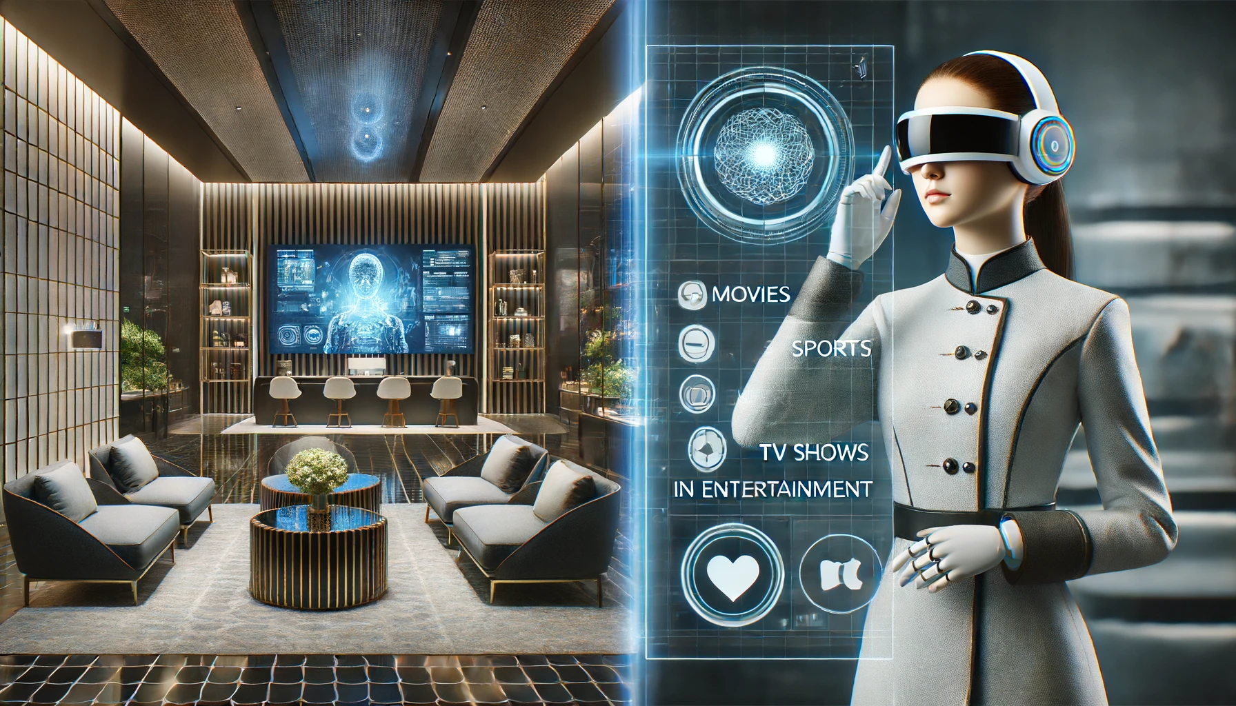 Split-screen image: Left side shows a futuristic hotel lobby with holographic displays. Right side features an AI concierge personalizing in-room entertainment for a guest.