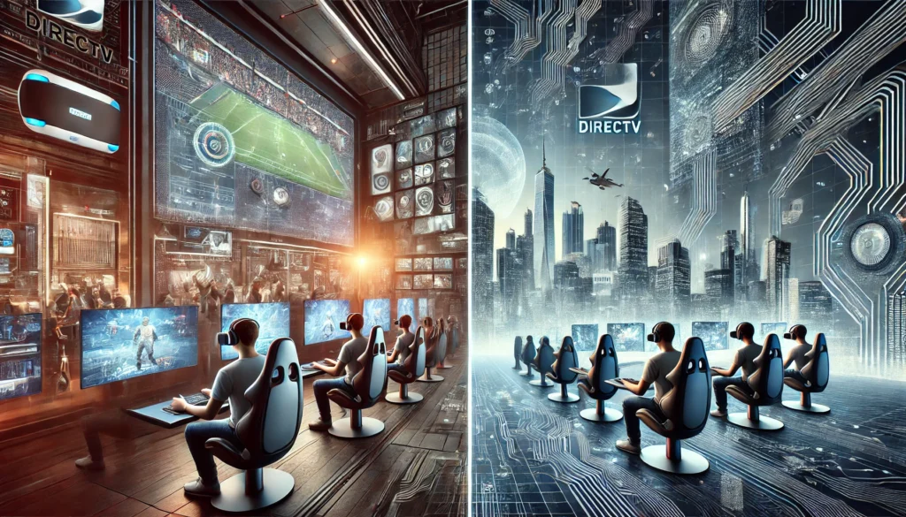 A split image: left shows a futuristic gaming venue with VR headsets and holographic pods; right displays a digital city skyline with skyscrapers, flying vehicles, and circuit board patterns.