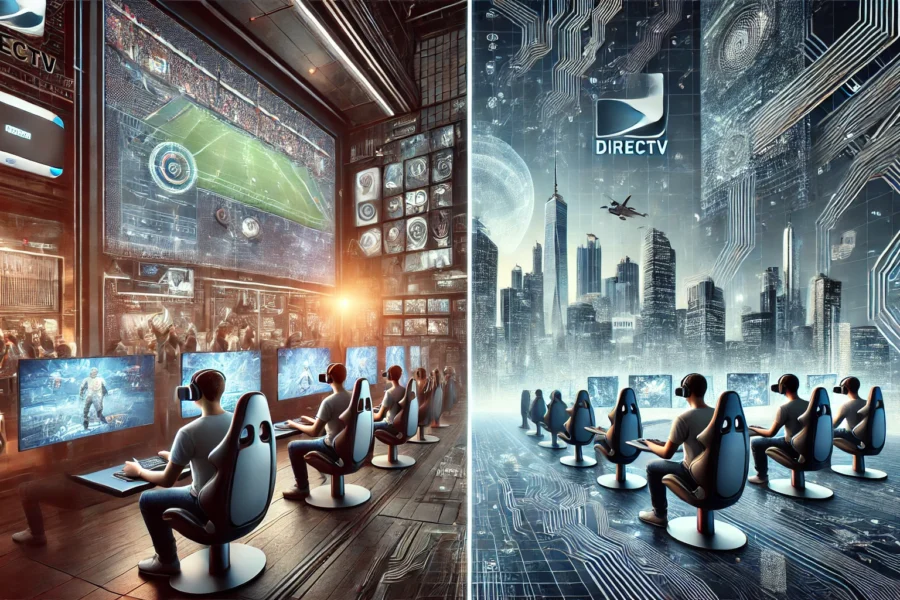 A split image: left shows a futuristic gaming venue with VR headsets and holographic pods; right displays a digital city skyline with skyscrapers, flying vehicles, and circuit board patterns.