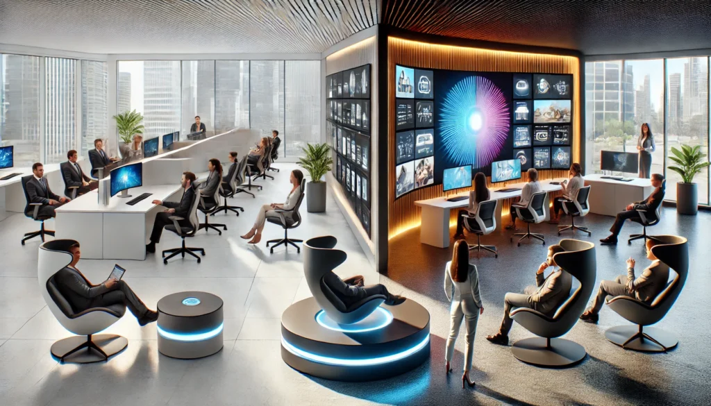 A split image of a private office: the left side with sterile cubicles and desktops, the right side with a sleek design, lounge chairs, and a curved smart TV. A futuristic control system with holographic buttons is in the foreground.