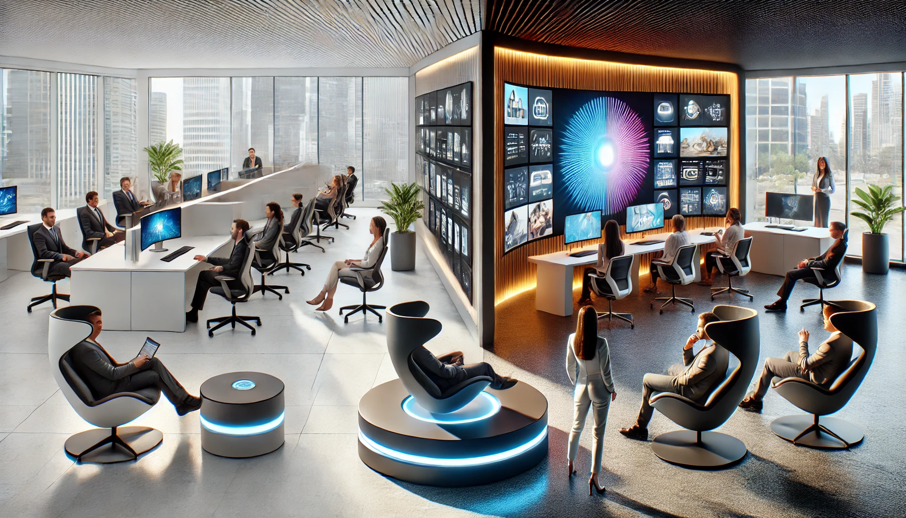 A split image of a private office: the left side with sterile cubicles and desktops, the right side with a sleek design, lounge chairs, and a curved smart TV. A futuristic control system with holographic buttons is in the foreground.