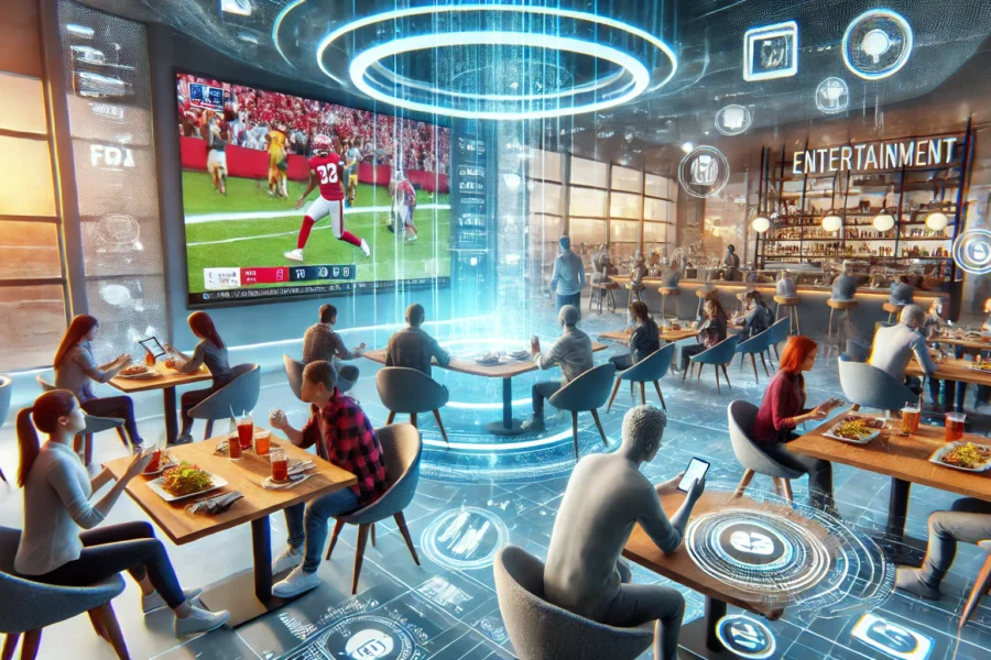 A futuristic restaurant with patrons at tables, advanced technology, holographic menus, immersive screens, and various devices, showcasing personalized entertainment enhancing the customer experience.